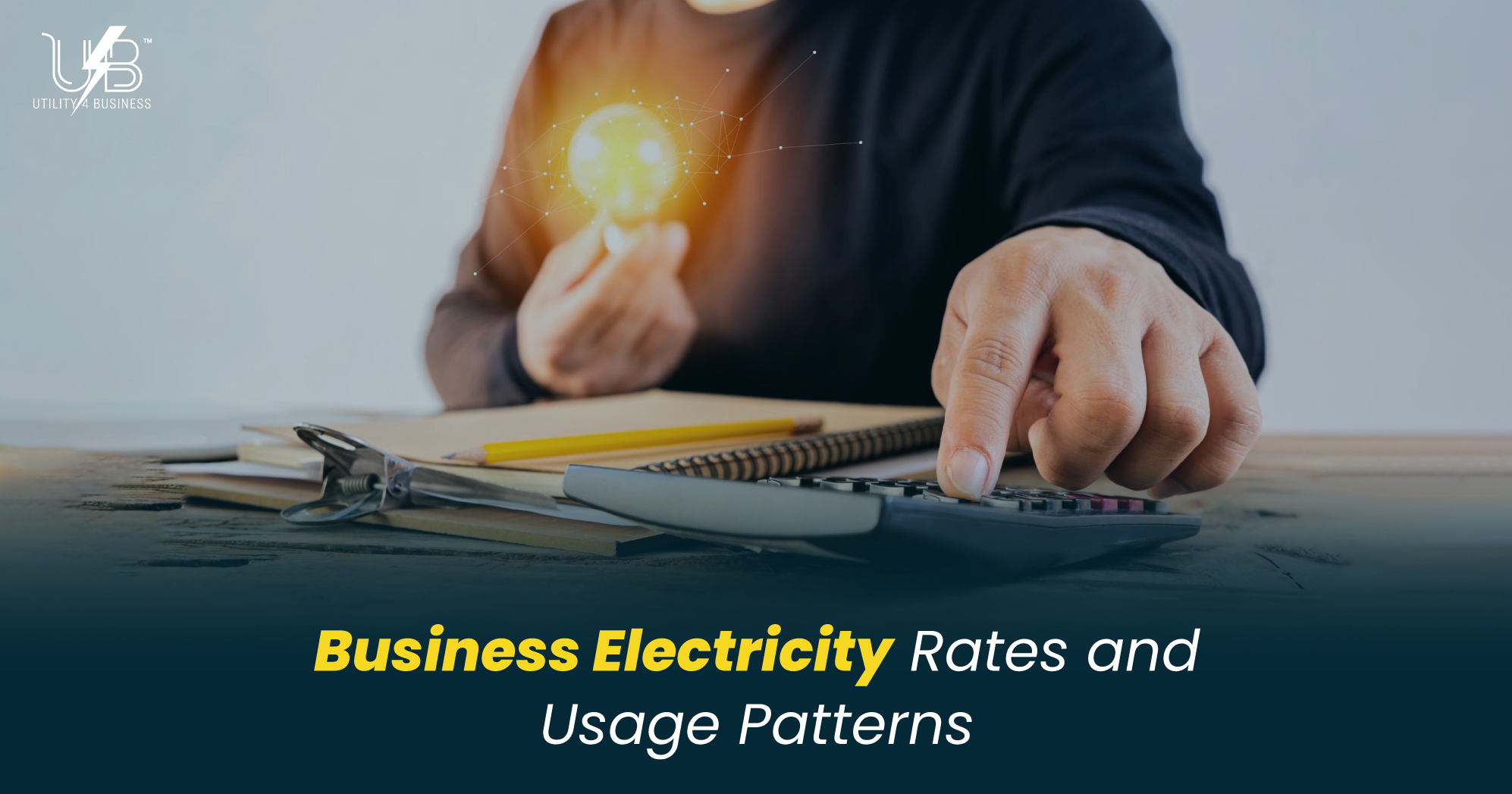Business electricity rates and usage patterns shown with calculator and energy concept for UK companies saving on power.